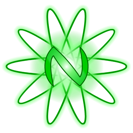 NOVALISTIC Novalgen Logo, a glowing green spherical letter N with five overlapping, also glowing green electron shells to represent my favorite number, 5